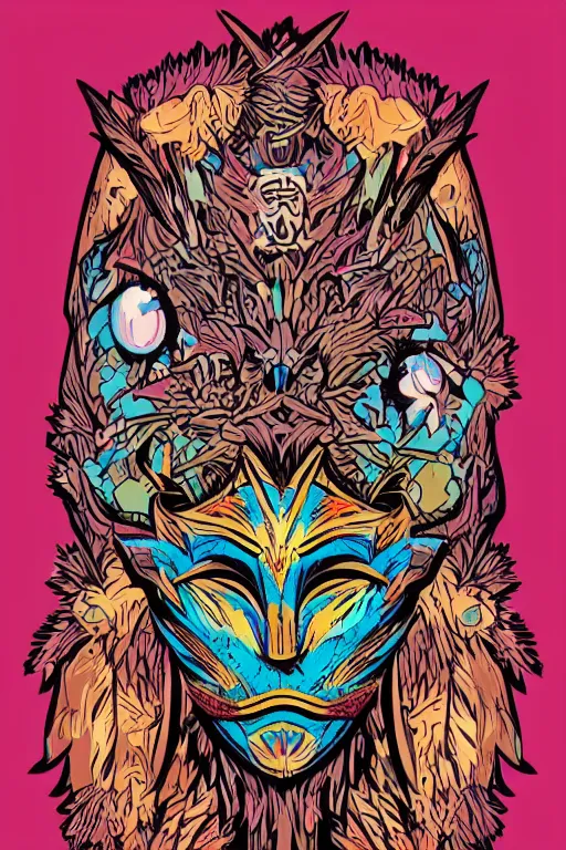 Image similar to animal mask totem roots flower tribal feather gemstone plant wood rock shaman vodoo video game vector cutout illustration vivid multicolor borderlands comics by josan gonzales and dan mumford radiating a glowing aura