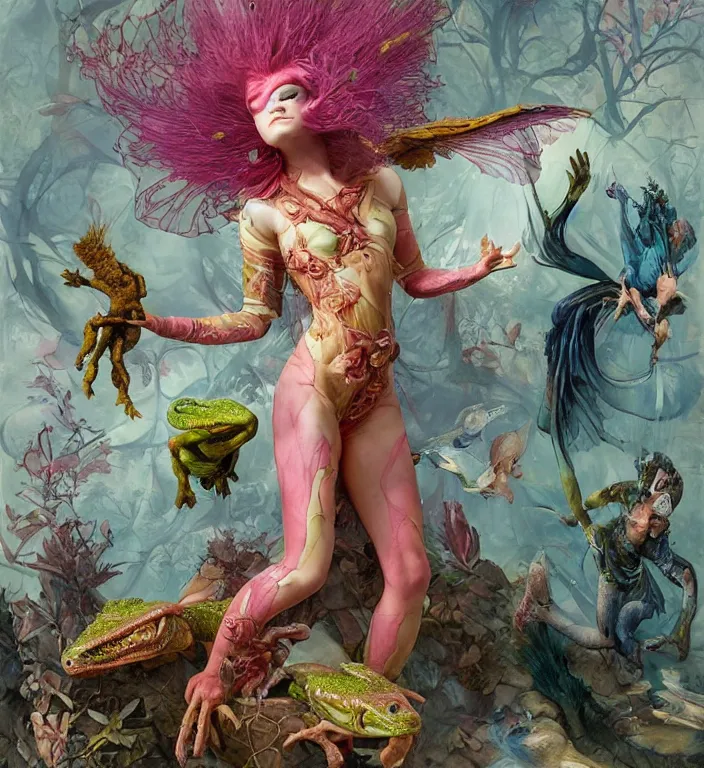 Image similar to a portrait photograph of a bald strong elle fanning as a colorful harpy super hero with slimy scaled skin. she is trying on a amphibian organic dress and transforming into a feathered beast. by tom bagshaw, donato giancola, hans holbein, walton ford, gaston bussiere, peter mohrbacher and brian froud. 8 k, cgsociety