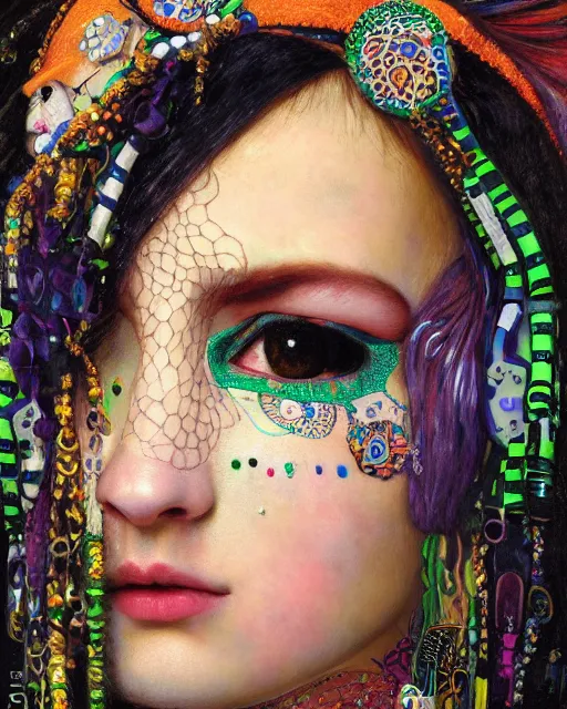 Image similar to a close up of beautiful decora cybergoth emo girl wearing a balaclava surrounded by colourful intricate patterns, by gustave klimt edgar maxence and caravaggio and michael whelan, intricate painting, hyper realistic, extremely detailed and beautiful aesthetic face, 8 k resolution