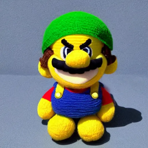 Image similar to a yarn plush doll of wario riding a yoshi