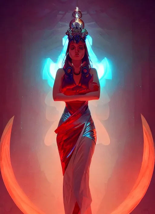 Image similar to the goddess hera looking angry, paper dress, volumetric lights, red and cyan theme, futuristic, intricate, highly detailed, digital painting, artstation, concept art, smooth, sharp focus, symmetric face, illustration, art by artgerm and greg rutkowski and alphonse mucha