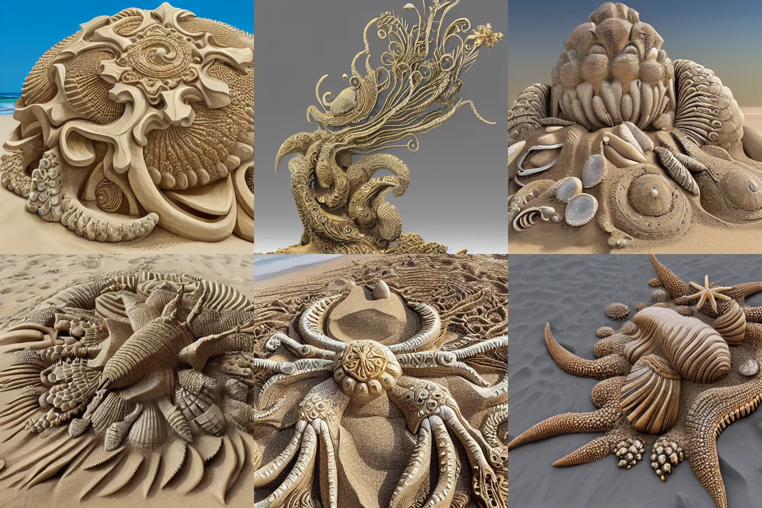 Prompt: ornate sand sculpture on the beach made of elaborate sea shells, gold accents, seaweed trees, crab claw turrets, insane detail, luxury, intricate carving, intricate lines, Zbrush, 3D sculpture, 8K