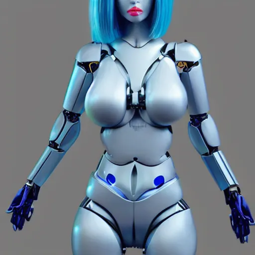 Prompt: womanized humanoid robot made of steel, beautiful face, short blue hair!!!, big breasts, thin body, anatomically correct, futuristic, glowing details!, symmetrical, unreal engine, ray tracing, 8 k, uhd, ultrarealistic, smooth, clear, sharp, extremely detailed