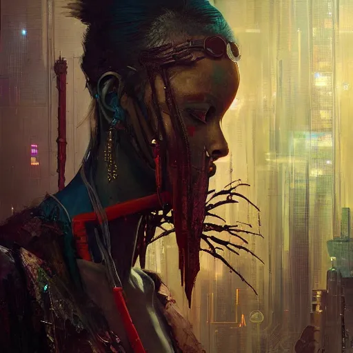 Prompt: cyberpunk voodoo by greg rutkowski and android jones, oil on canvaS