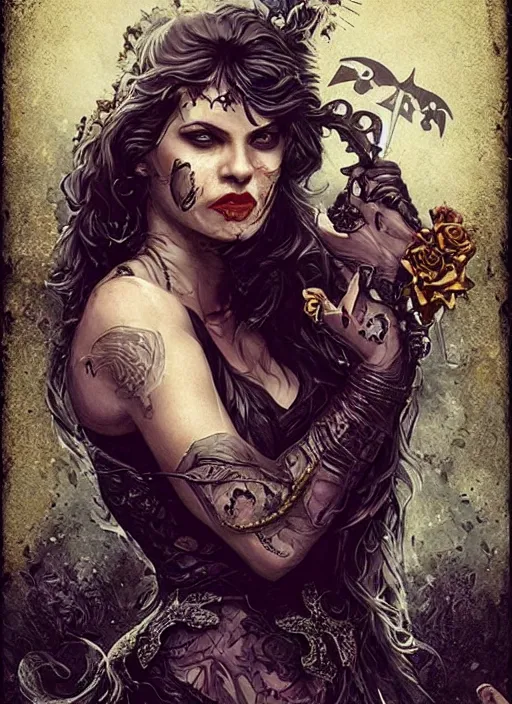 Image similar to tarot card :: horror :: vampires and draculas :: long hair :: hearts and roses :: gold and silver :: guns and swords :: side profile :: highly details :: intricate details :: Sandra Chevrier and bastien lecouffe deharme