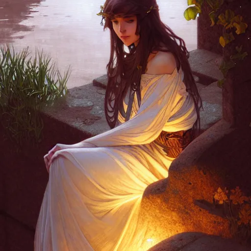 Image similar to A young woman sitting on a stone wall surrounded by water and glowing with light, intricate, delicate, elegant, highly detailed, digital painting, artstation, concept art, smooth, sharp focus, illustration, art by Krenz Cushart and Artem Demura and alphonse mucha
