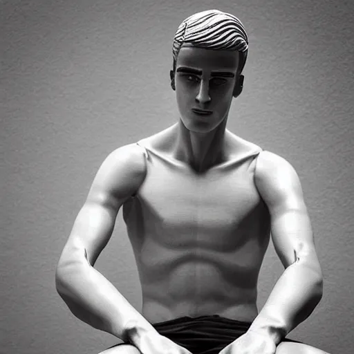 Prompt: “ a realistic detailed photo of a guy who is an attractive humanoid who is half robot and half humanoid, who is a male android, soccer player antoine griezmann, shiny skin, posing like a statue, blank stare, at the pool, on display ”