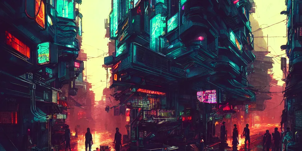 Image similar to cyberpunk streets of manila, detailed intricate illustration, dark atmosphere, detailed illustration, hd, 4 k, digital art, overdetailed art, by greg rutkowski, by loish, complementing colors, trending on artstation, deviantart