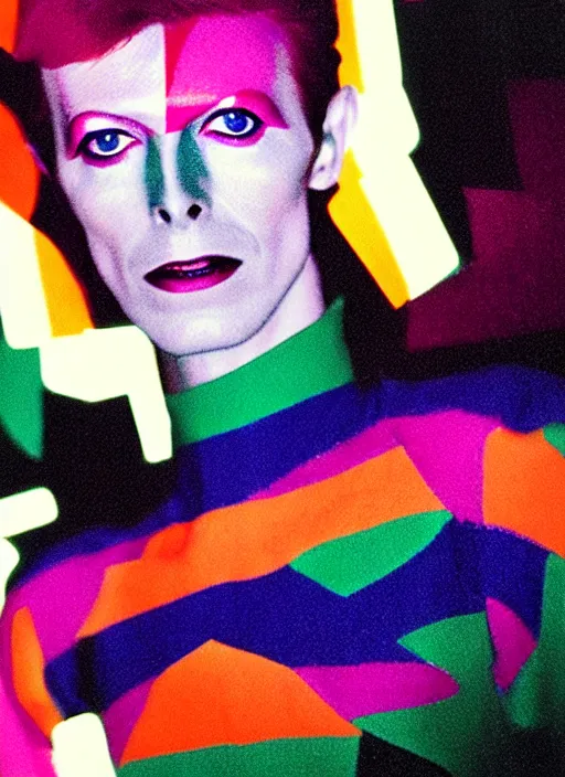 Prompt: portrait close up of david bowie music clip with sonia delaunay clothing, neon lights, photorealistic, eastman kodak