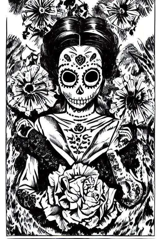 Image similar to illustration of a sugar skull day of the dead girl, art by steve ditko