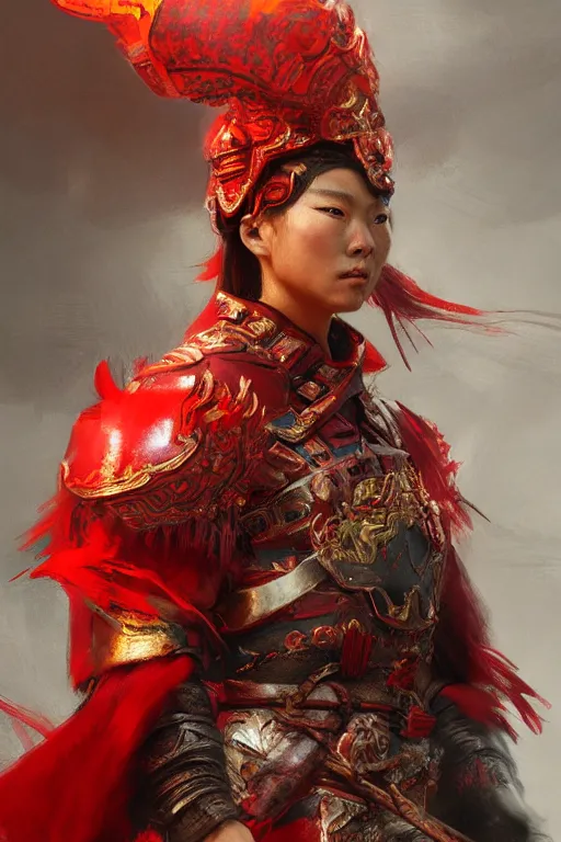 Image similar to chinese warrior, portrait, fierce, intricate, elegant, red volumetric lighting, digital painting, highly detailed, artstation, sharp focus, illustration, concept art, ruan jia, steve mccurry