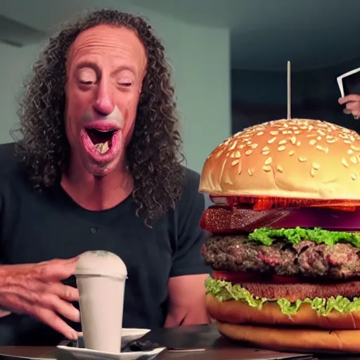 Image similar to kenny g unhinging his jaw to eat a gigantic burger, epic, cinematic, realism, ultra detailed, 8 k, film still