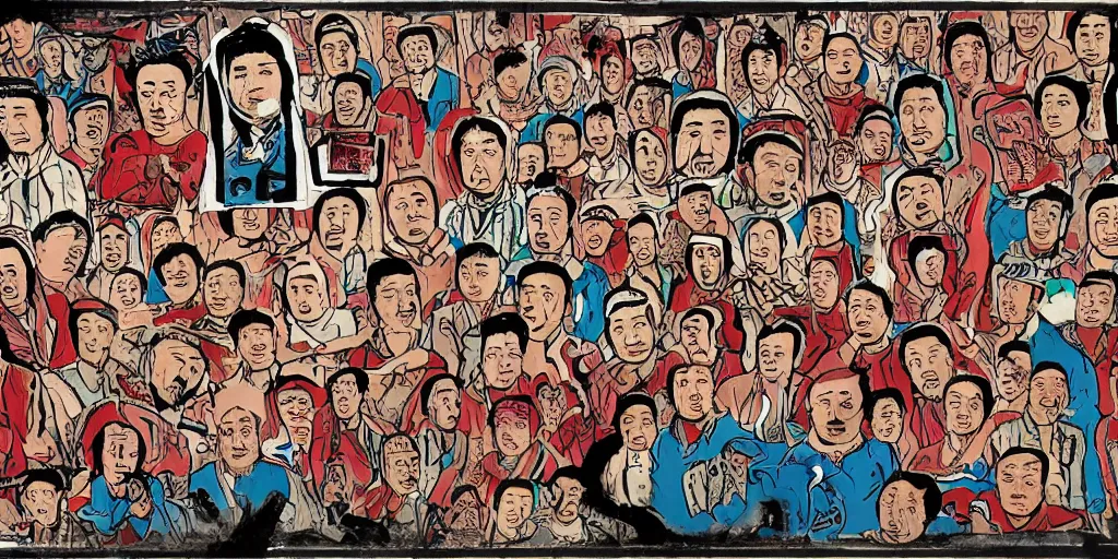 Image similar to uyghur men in a prison, in the style of daniel johnston and outsider art, 4k, overlaid with chinese text