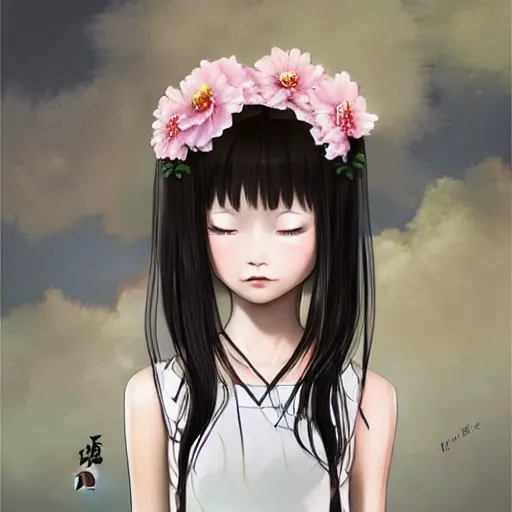Prompt: chinese little girl with flowers in hair wearing an white dress. art by ilya kuvshinov, profile picture, inspired in hirohiko araki, realistic, highly detailed, 8 0 s anime art style