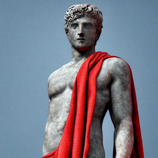 Image similar to a roman statue covered by red cloth that's blowing in the wind, digital art, concept art, cloth simulation with houdini, octane, redshift, 8 k