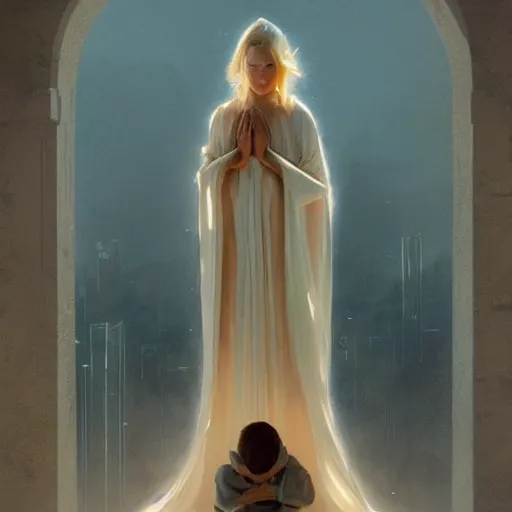 Image similar to Blonde and elegant archangel tall and asleep guarding a child while he prays , Art Deco, Greg rutkowski Trending artstation