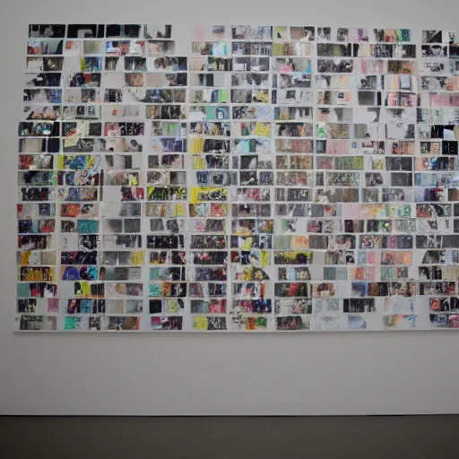 Prompt: art installation in modern gallery, thousands of polaroids on walls of imagined dreams