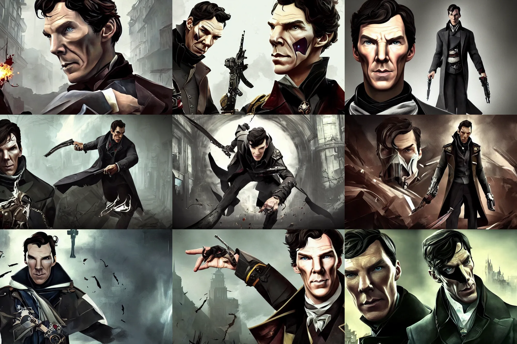 Prompt: a screenshot of benedict cumberbatch in promotional art for the video game dishonored. amazing likeness. very detailed. cartoon caricature.