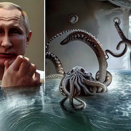 Prompt: vladimir putin, with octopus tentacles sitting in an old roman bathhouse