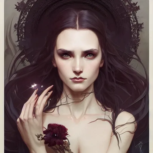 Image similar to beautiful natural dark witch, intricate, elegant, highly detailed, digital painting, artstation, concept art, smooth, sharp focus, illustration, art by artgerm and greg rutkowski and alphonse mucha and loish and WLOP