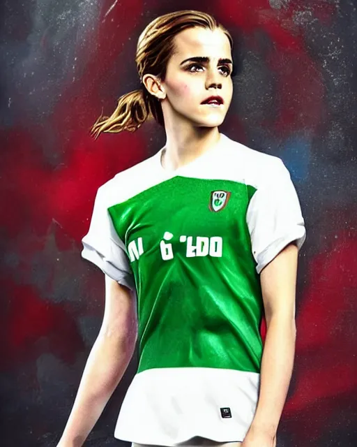 Image similar to a portrait of emma watson wearing lokomotiv football shirt, hyper realistic