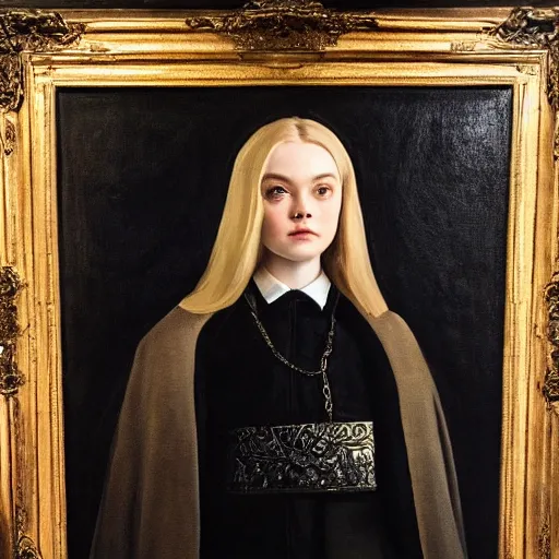 Image similar to Elle Fanning in a black coat, religious masterpiece portrait, oil on canvas, golden hour, in the world of Andrew Wyeth and Bloodborne, artstation, by J. C. Leyendecker and Peter Paul Rubens,