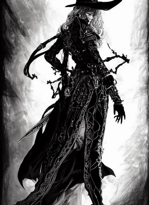 Image similar to beautiful human witch with blonde short curtly hair in intricate ornate witch robe, haughty evil look, witch hat. in style of yoji shinkawa and hyung - tae kim, trending on artstation, dark fantasy, great composition, concept art, highly detailed, dynamic pose.