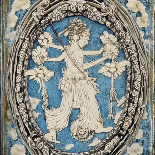 Image similar to Ancient warrior holding Clear white textured shield with artistically executed decorations of peonies, foliated scrolls, dragons and medallions in white reserve on an opaque mazarine blue ground. Capped with metal