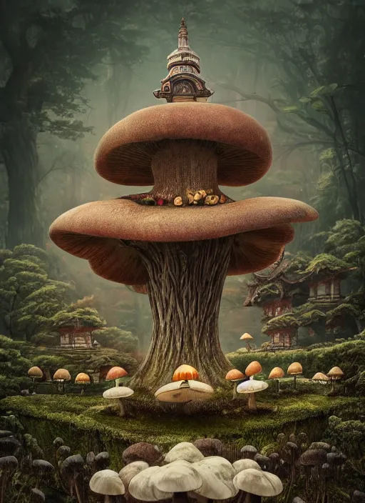 Image similar to wide - angle shot of mushroom temple, depth of field, zeiss lens, detailed, symmetrical, centered, fashion photoshoot, by nicoletta ceccoli, mark ryden, lostfish, earl nore, hyung tae, frank frazetta, breathtaking, 8 k resolution, extremely detailed, beautiful, establishing shot, artistic, hyperrealistic, octane render