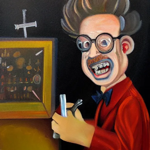 Prompt: an oil painting of a mad scientist