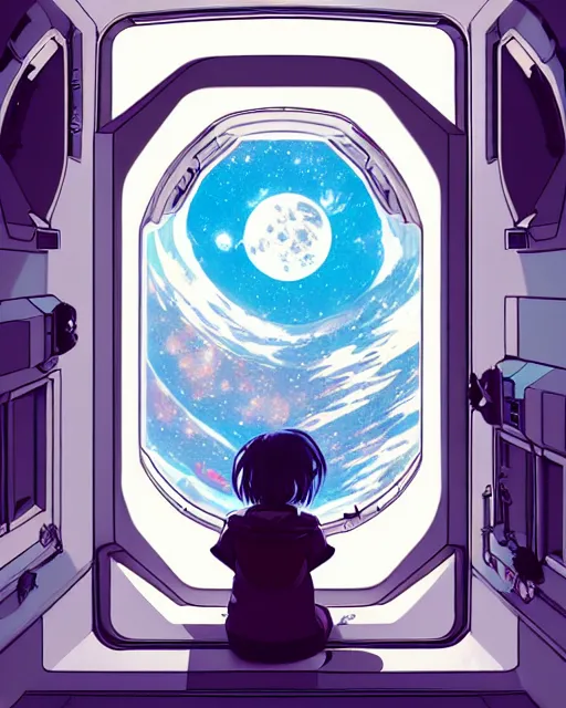 Prompt: a full body portrait of a teenage girl, sitting in the window of a space station, full shot, visible face, extremely detailed blue eyes, ambient lighting, detailed, digital art by ayami kojima, makoto shinkai, kilian eng, hayao miyazaki, yoshitaka amano, takeshi koike