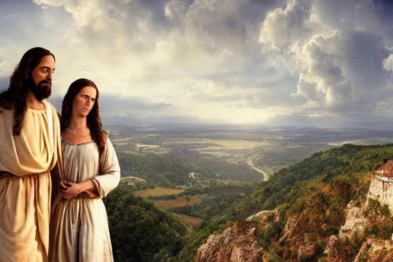 Prompt: a unique close - up photo of jesus and mary magdalene standing on a cliff looking over a beautiful landscape in france, rennes - le - chateau, award winning photo, very detailed, very realistic cinematic