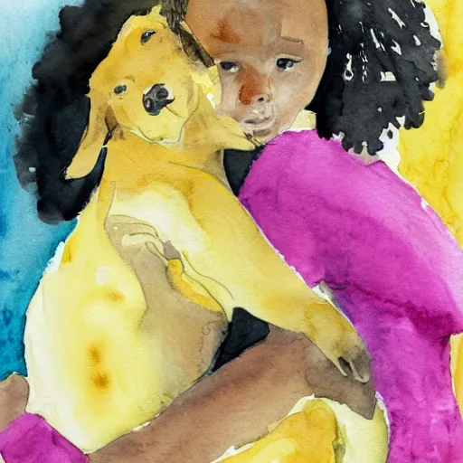 Prompt: a black woman and a light yellow labrador hug, messy watercolor painting, children's illustration by deborah freedman