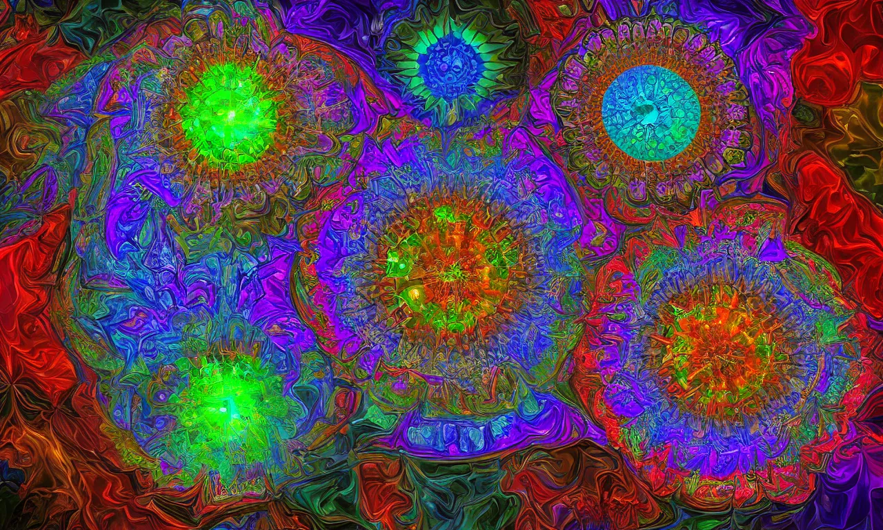 Image similar to voronoi engine laboratory 3 d volume kaleidoscope mandala fractal chakra digital multicolor stylized concept substance liquid nebula stone, a spectacular view cinematic rays of sunlight comic book illustration, by john kirby radiating a glowing aura global illumination ray tracing hdr depth fog overlay multiply photoshop layer