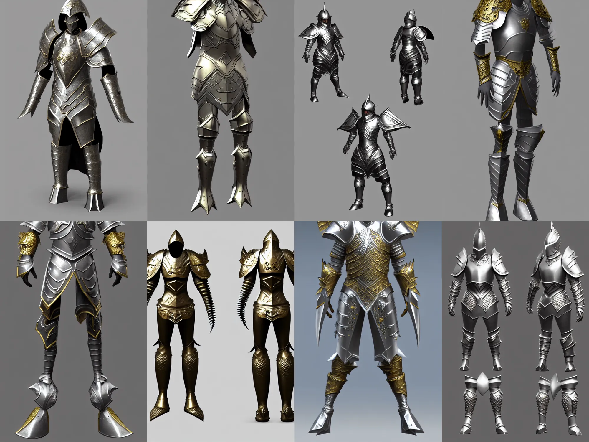 Prompt: render of awesome oversized fantasy armor, silver with gold trim, medieval fantasy, extremely clean, unusual character concept art, trending on polycount