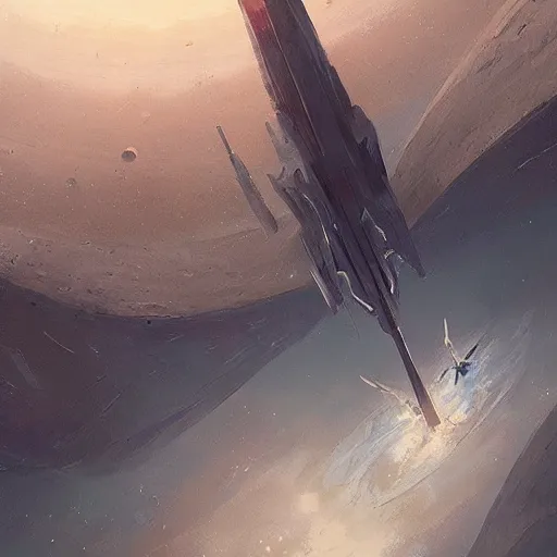 Image similar to concept art of a large space vessel in the shape of an spear by greg rutkowski