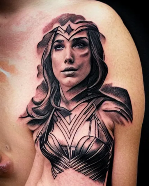 Image similar to creative double exposure effect tattoo design sketch of beautiful gal gadot faded with beautiful mountain scenery, realism tattoo, in the style of matteo pasqualin, amazing detail, sharp