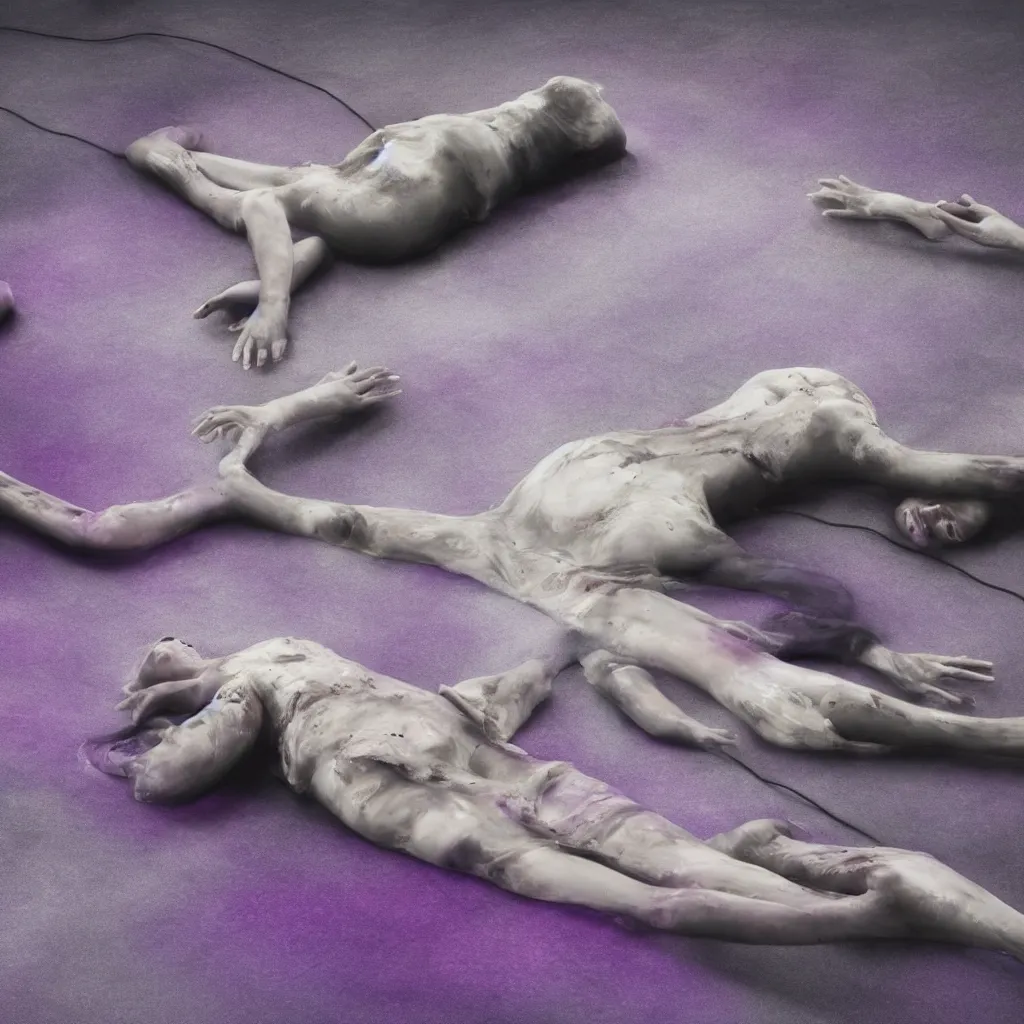 Prompt: macro of iridiscent oil spill with women corpses connected by cables and computers to wax forms to a buried baby relaxing on yoga mat, faded, iridiscent gradient, dust, purple fog, depth of field, by nadav kander and hans bellmer, 8 k, ultrarealistic, sad atmosphere, cinematic