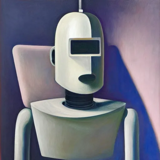 Image similar to sad robot portrait, visage, dystopian, pj crook, edward hopper, oil on canvas