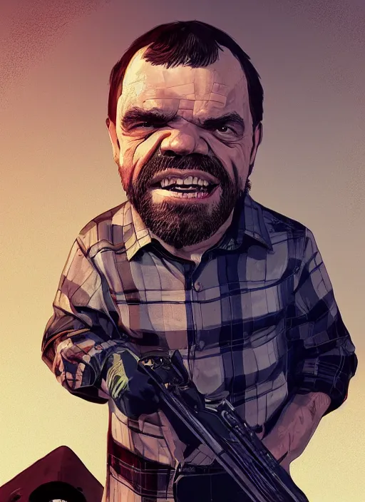 Image similar to peter dinklage in gta v, cover art by stephen bliss, artstation