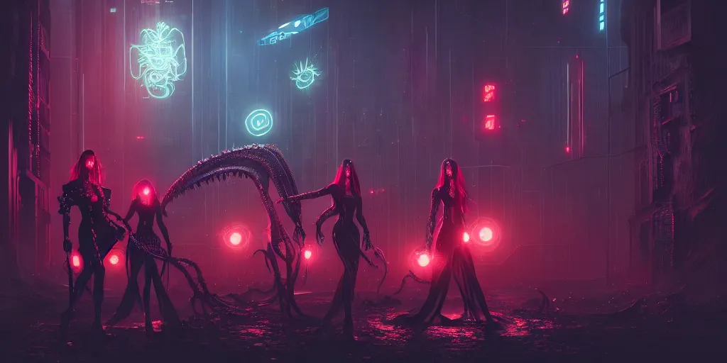 Image similar to cyberpunk witches battling cthulu lovecraftian aliens, contrasting colors, concept art, cinematic, key art, high quality, hyper realism, high detail, octane render