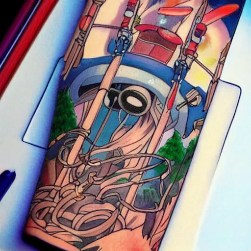 Image similar to studio ghibli tattoo design, concept art, ghibli artstyle, detailed, realistic