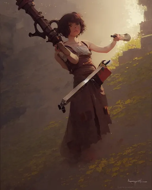 Image similar to cute girl, whitesmith, huge intricate hammer as weapon, mechanical parts, digital painting by krenz cushart, ilya kuvshinov, akihiko yoshida, greg rutkowski, karl spitzweg. sharp focus, highly detailed, intricate background