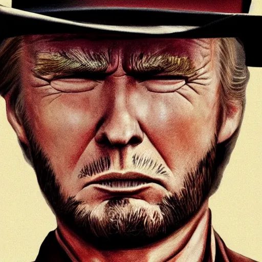 Image similar to donald trump as clint eastwood squinting at high noon in the style of a clint eastwood movie, the good, the bad and the ugly, clint eastwood, steven seagal, bud spencer, donald trump, glory days, american flag, patriotism, apple pie, black and white, artgerm, trending on artstation