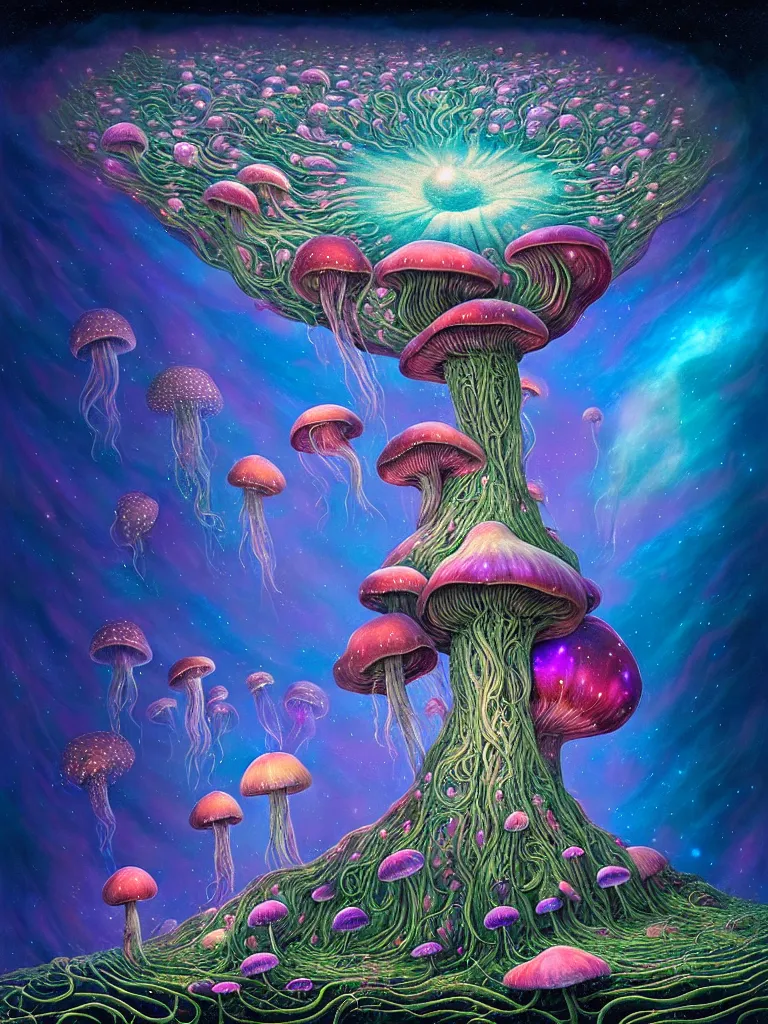 Prompt: portrait of queen of dreams, extremely beautiful is floating and merging among many nebula stars with lots of gigantic mushrooms and jellyfish, symmetrical composition, by gediminas pranckevicius, jacek yerka, rob gonsalves, peter gric, digital painting, octane rendered, crepuscular rays, neon colors vibrant colors, trending on artstation