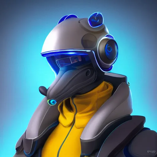 Prompt: very very beautiful furry art, bust profile picture of a male robotic anthro bottlenose dolphin, synthetic cetacean hybrid android, face covered by opaque visor, truncated snout under visor, round shapes, all dark blue metal, glowing, commission on furaffinity, cgsociety, octane render, sea in background