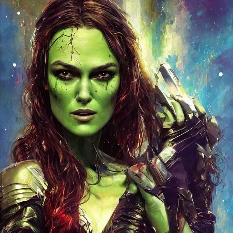 Image similar to Keira Knightley as Gamora (Guardians of the Galaxy) by Karol Bak, Sandra Chevrier, beeple, Pi-Slices and Kidmograph, beautiful digital illustration