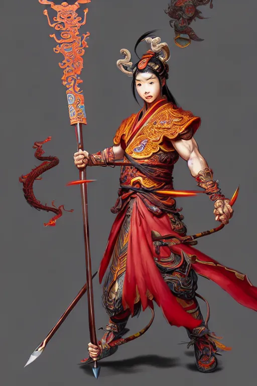 Prompt: cute nezha, highly detailed, man holding spear, flame everywhere, epic pose, masterpiece chinese fantasy character portrait, highly detailed, digital painting, trending on artstation, concept art, sharp focus, illustration, global illumination, ray tracing, realistic shaded, art by artgerm and greg rutkowski and fenghua zhong and brian sum and raymond swanland