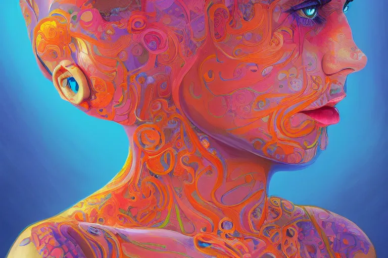 Image similar to beautiful woman, illustration painting, oil on canvas, intricate, portrait, detailed illustration, hd, digital art, overdetailed art, concept art, complementing colors, detailed, illustration painting by alex gray, digital art, overdetailed art, concept art, complementing colors rendered by beeple, by makoto shinkai, syd meade,