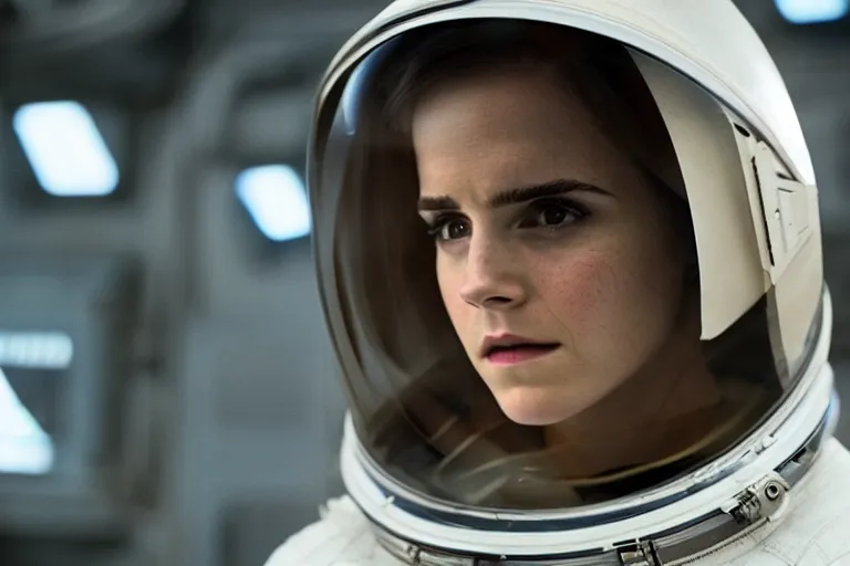 Prompt: medium shot of Emma Watson as an astronaut in Interstellar (2014 film), detailed face, movie still, promotional image, imax 70 mm footage